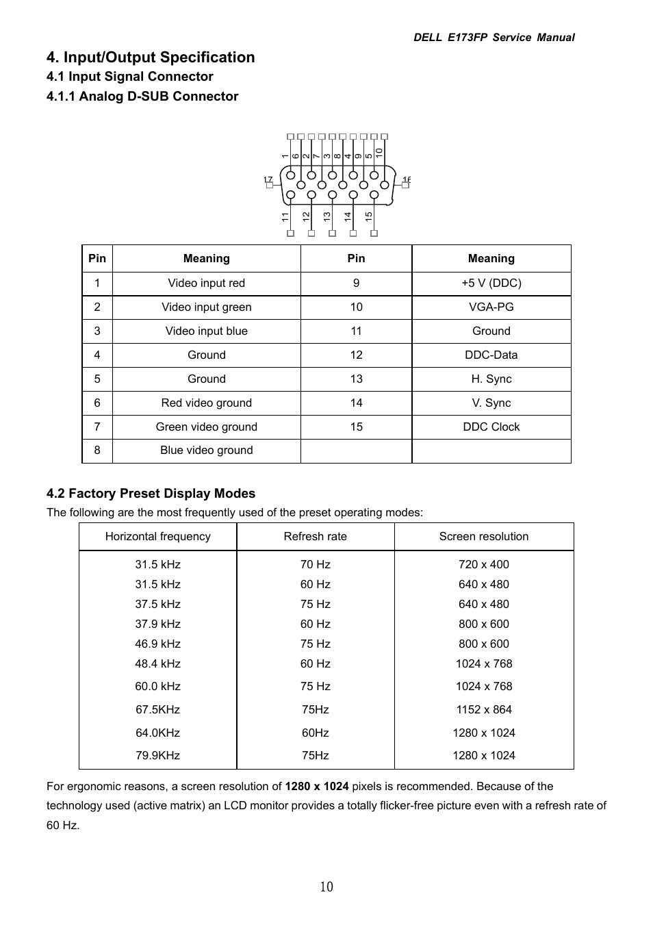 Input/output specification | Dell E173FP User Manual | Page 10 / 56