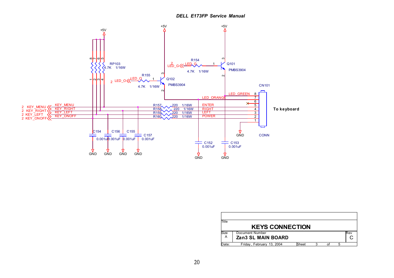 Keys connection, Dell e173fp service manual, Zan3 sl main board c | Dell E173FP User Manual | Page 20 / 56