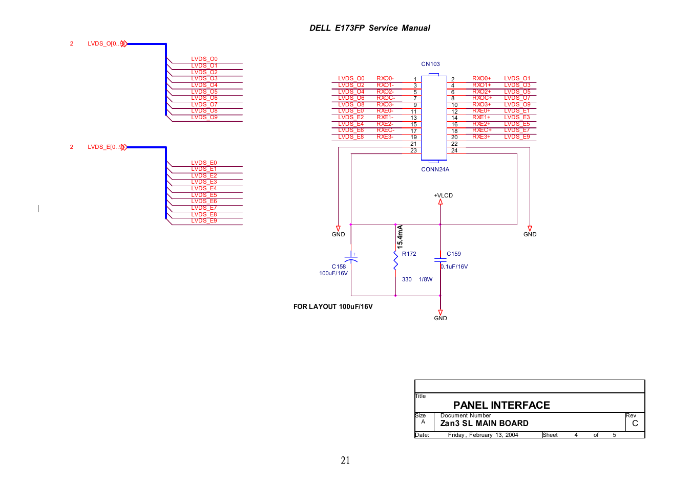 Panel interface, Dell e173fp service manual, Zan3 sl main board c | Dell E173FP User Manual | Page 21 / 56