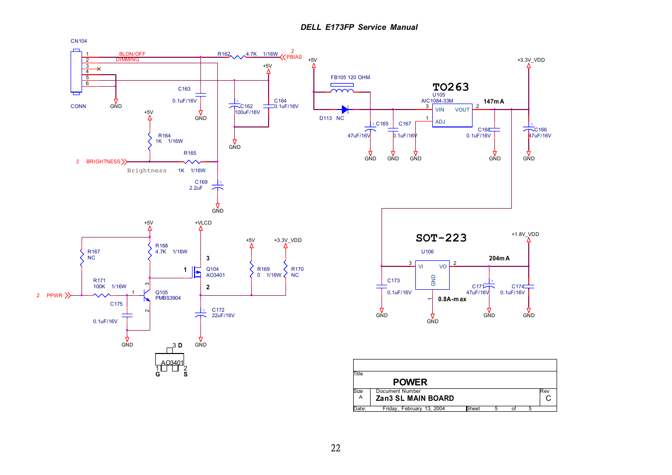 To263, Sot-223, Power | Dell e173fp service manual, Zan3 sl main board c | Dell E173FP User Manual | Page 22 / 56