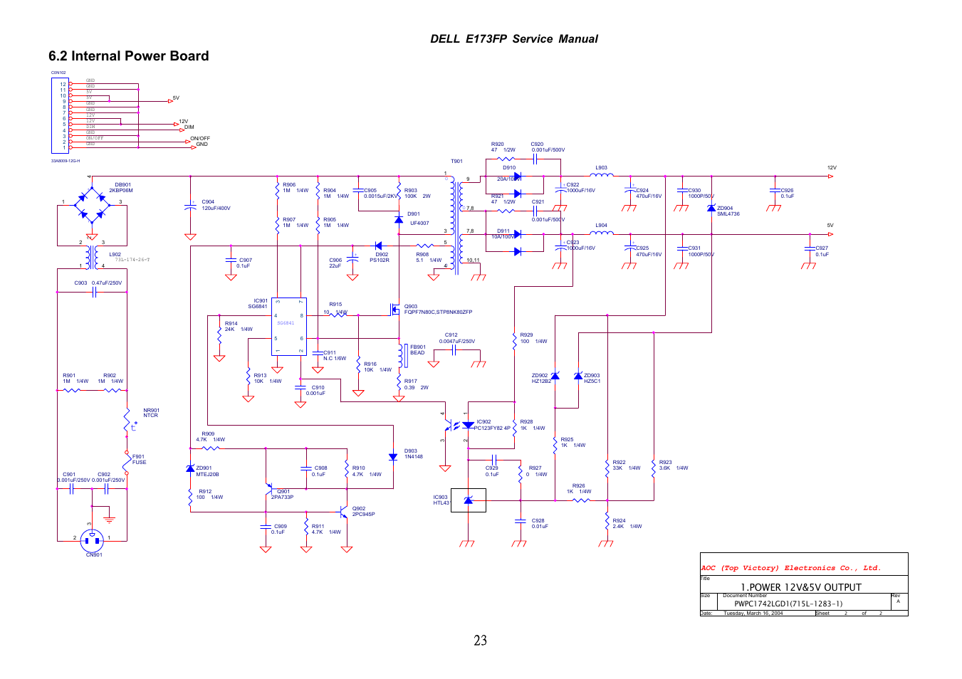 23 6.2 internal power board, Dell e173fp service manual, Power 12v&5v output | Dell E173FP User Manual | Page 23 / 56