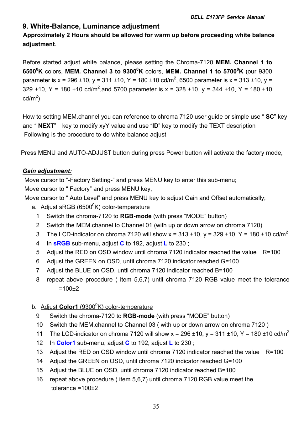 White-balance, luminance adjustment | Dell E173FP User Manual | Page 35 / 56