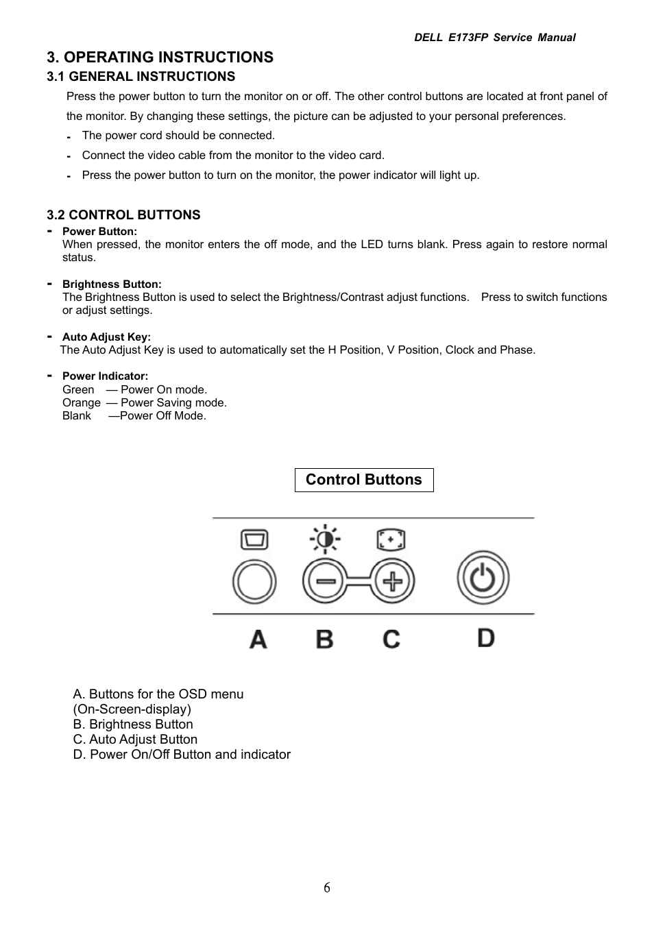 Operating instructions, Control buttons | Dell E173FP User Manual | Page 6 / 56