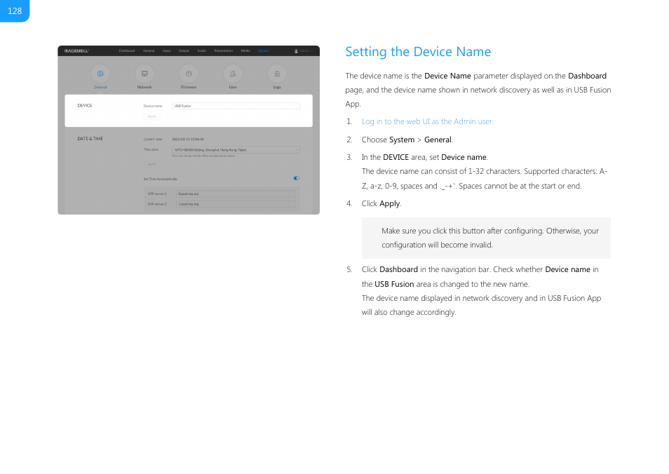 Setting the device name, Set the device name | Magewell USB Fusion HDMI & USB Video Capture Device User Manual | Page 128 / 166