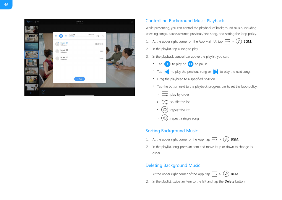 Controlling background music playback, Sorting background music, Deleting background music | Magewell USB Fusion HDMI & USB Video Capture Device User Manual | Page 46 / 166