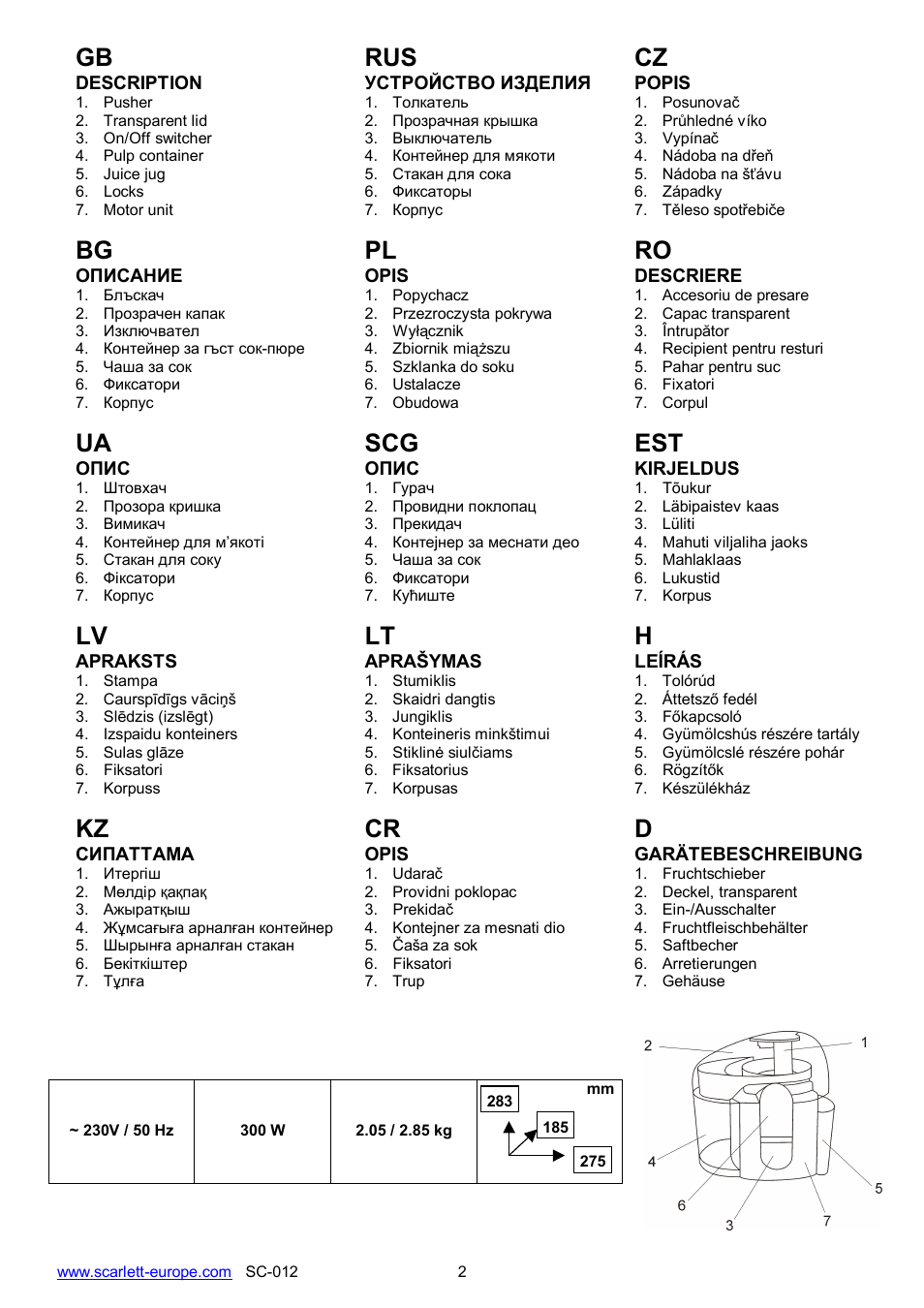 Rus cz, Bg pl, Ua scg est | Kz cr | Scarlett SC-012 User Manual | Page 2 / 20