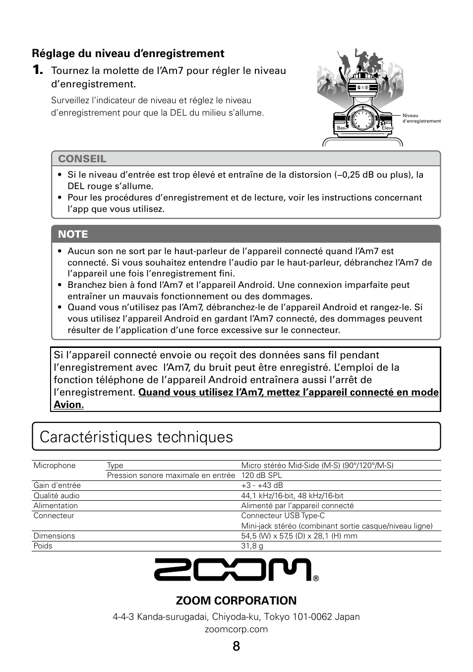 Caractéristiques techniques, Réglage du niveau d‘enregistrement, Zoom corporation | Zoom Am7 Mid-Side Stereo Microphone for Android Devices with USB-C Connector User Manual | Page 8 / 24