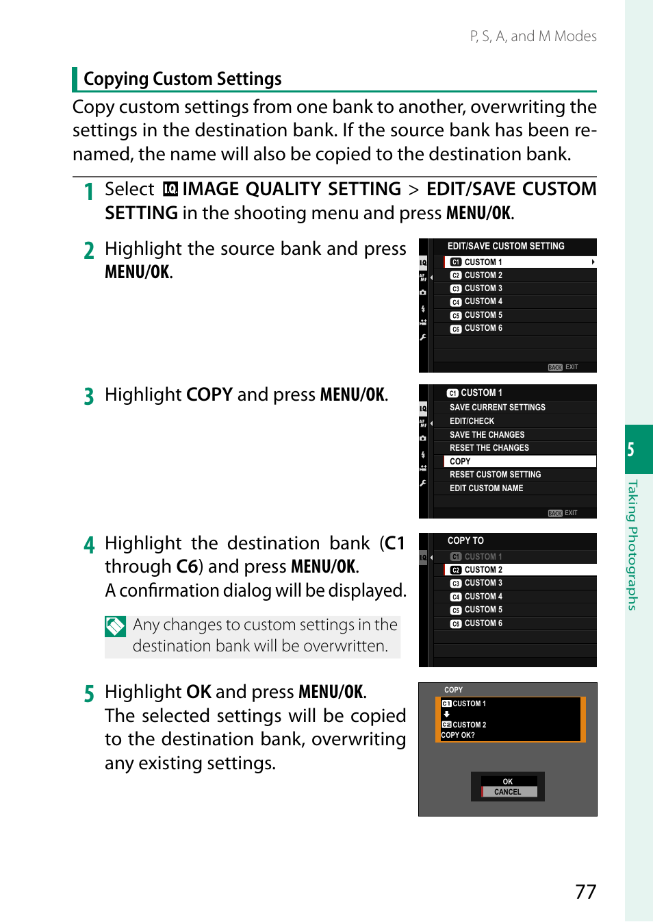 Highlight the source bank and press menu/ok, Highlight copy and press menu/ok | FujiFilm GFX 50S II Medium Format Mirrorless Camera with 35-70mm Lens Kit User Manual | Page 101 / 360