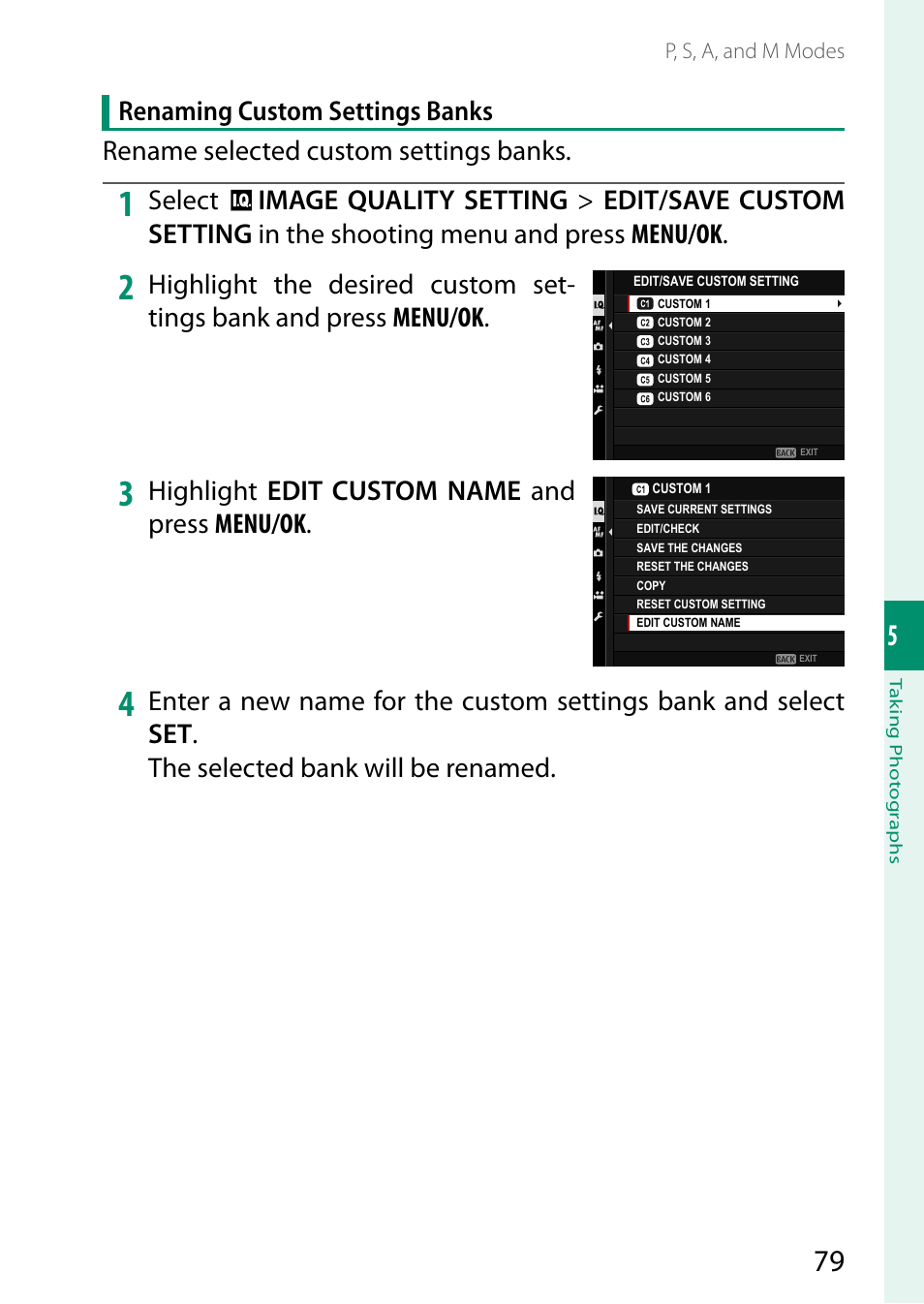 Highlight edit custom name and press menu/ok | FujiFilm GFX 50S II Medium Format Mirrorless Camera with 35-70mm Lens Kit User Manual | Page 103 / 360