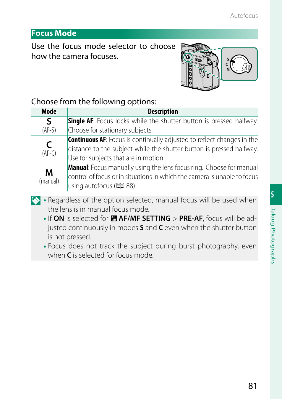Focus mode | FujiFilm GFX 50S II Medium Format Mirrorless Camera with 35-70mm Lens Kit User Manual | Page 105 / 360