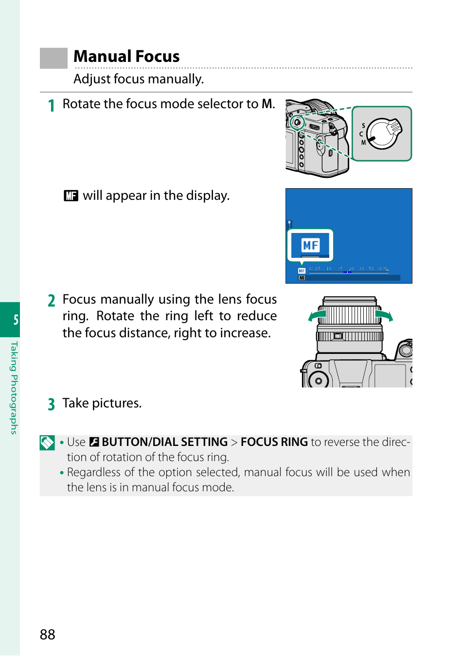 Manual focus | FujiFilm GFX 50S II Medium Format Mirrorless Camera with 35-70mm Lens Kit User Manual | Page 112 / 360