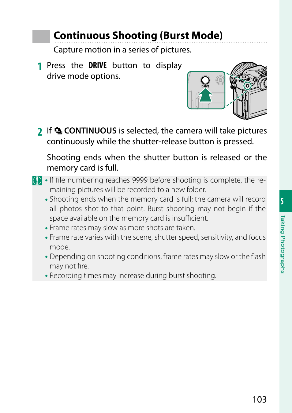 Continuous shooting (burst mode) | FujiFilm GFX 50S II Medium Format Mirrorless Camera with 35-70mm Lens Kit User Manual | Page 127 / 360