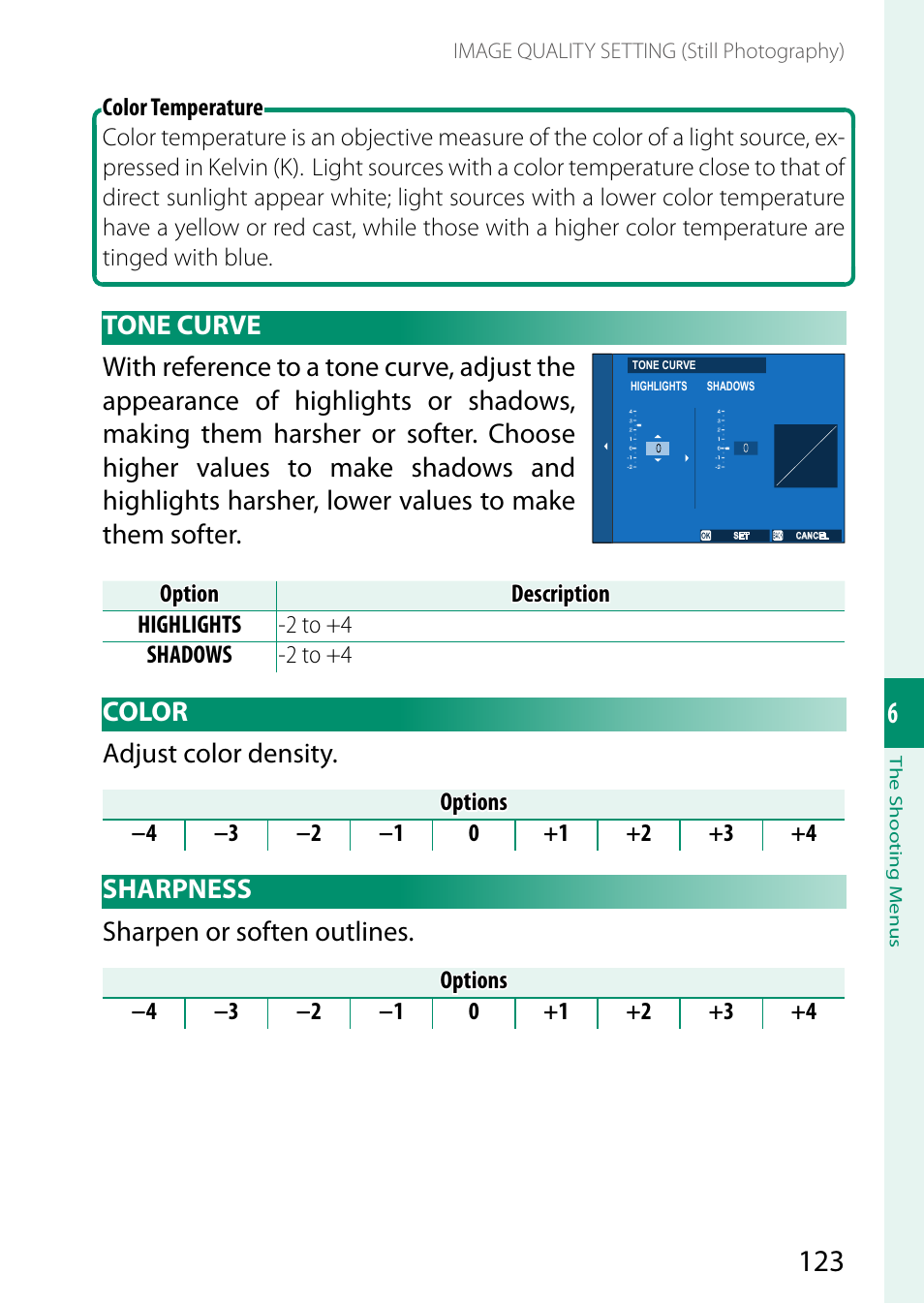 Tone curve, Color, Sharpness | Tone curve color sharpness, Color adjust color density, Sharpness sharpen or soften outlines | FujiFilm GFX 50S II Medium Format Mirrorless Camera with 35-70mm Lens Kit User Manual | Page 147 / 360