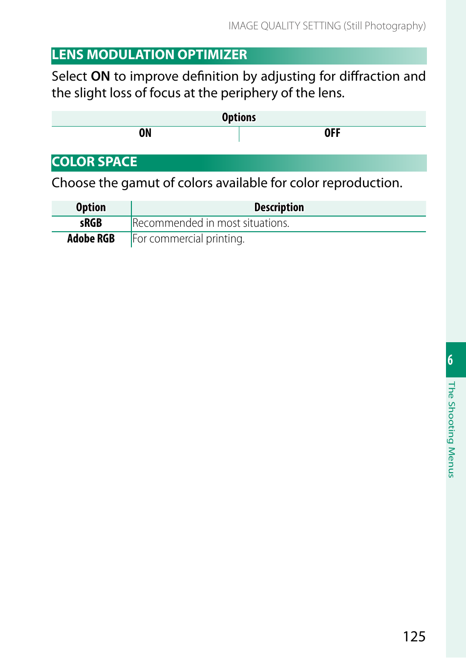 Lens modulation optimizer, Color space, Lens modulation optimizer color space | FujiFilm GFX 50S II Medium Format Mirrorless Camera with 35-70mm Lens Kit User Manual | Page 149 / 360