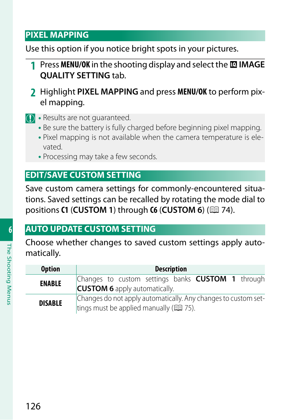 Pixel mapping, Edit/save custom setting, Auto update custom setting | FujiFilm GFX 50S II Medium Format Mirrorless Camera with 35-70mm Lens Kit User Manual | Page 150 / 360