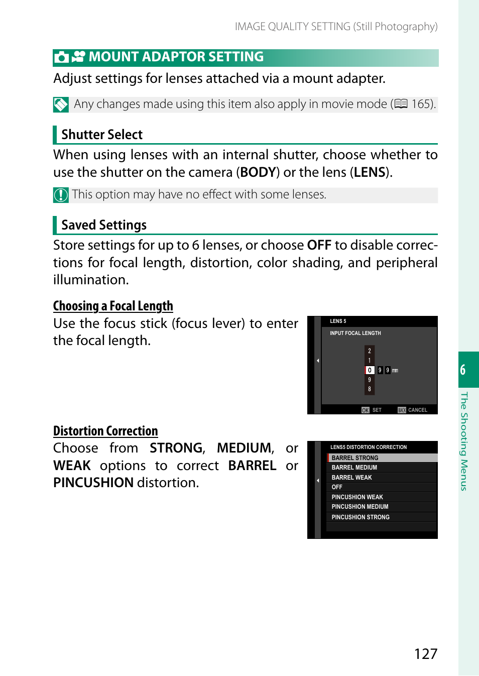 Mount adaptor setting, Distortion correction | FujiFilm GFX 50S II Medium Format Mirrorless Camera with 35-70mm Lens Kit User Manual | Page 151 / 360
