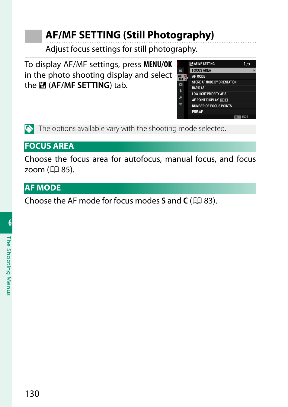 Af/mf setting (still photography), Focus area, Af mode | Focus area af mode | FujiFilm GFX 50S II Medium Format Mirrorless Camera with 35-70mm Lens Kit User Manual | Page 154 / 360