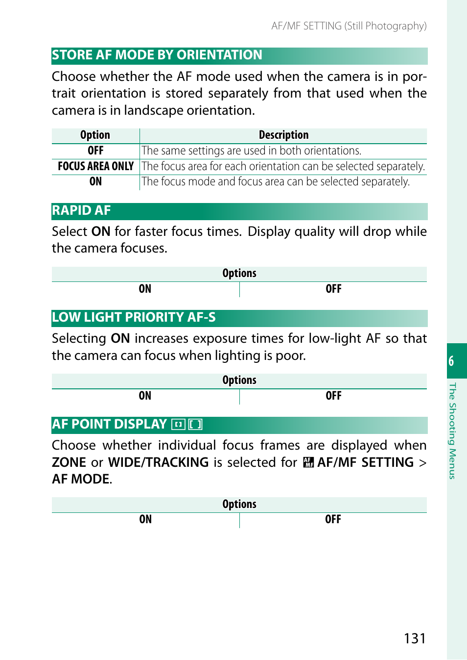 Store af mode by orientation, Rapid af, Low light priority af-s | Af point display | FujiFilm GFX 50S II Medium Format Mirrorless Camera with 35-70mm Lens Kit User Manual | Page 155 / 360