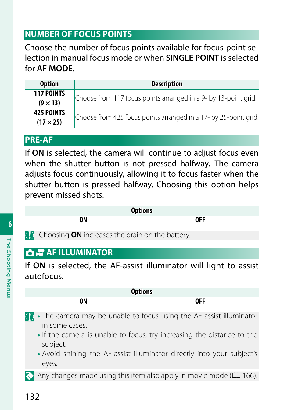 Number of focus points, Pre-af, Af illuminator | Number of focus points pre-af | FujiFilm GFX 50S II Medium Format Mirrorless Camera with 35-70mm Lens Kit User Manual | Page 156 / 360