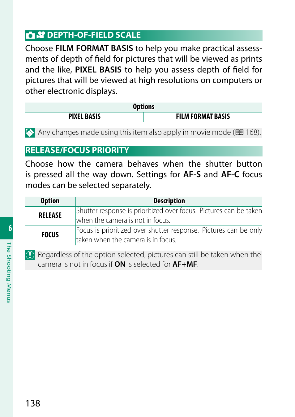 Depth-of-field scale, Release/focus priority | FujiFilm GFX 50S II Medium Format Mirrorless Camera with 35-70mm Lens Kit User Manual | Page 162 / 360
