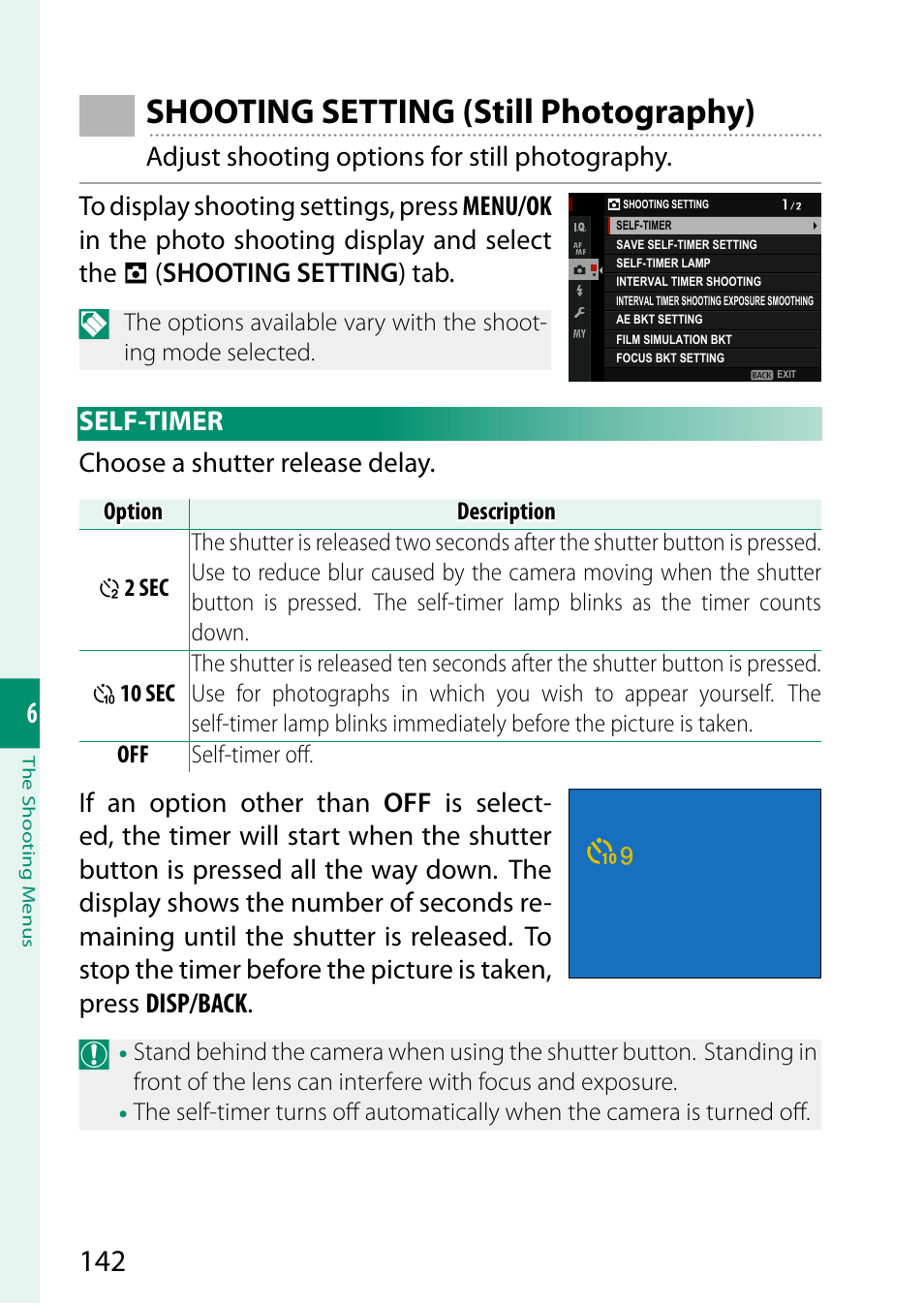 Shooting setting (still photography), Self-timer | FujiFilm GFX 50S II Medium Format Mirrorless Camera with 35-70mm Lens Kit User Manual | Page 166 / 360