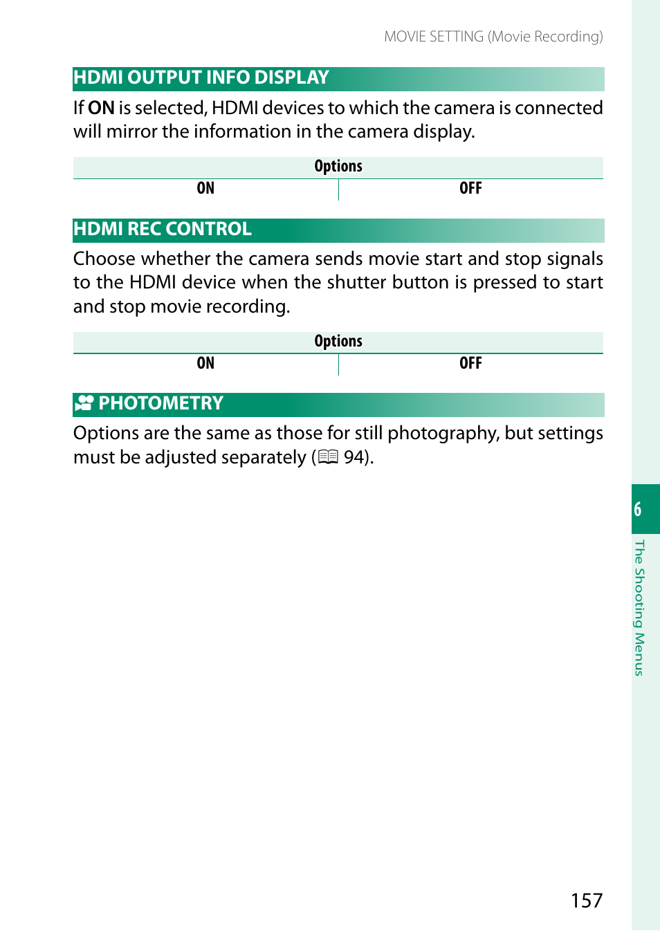 Hdmi output info display, Hdmi rec control, Photometry | Hdmi output info display hdmi rec control | FujiFilm GFX 50S II Medium Format Mirrorless Camera with 35-70mm Lens Kit User Manual | Page 181 / 360