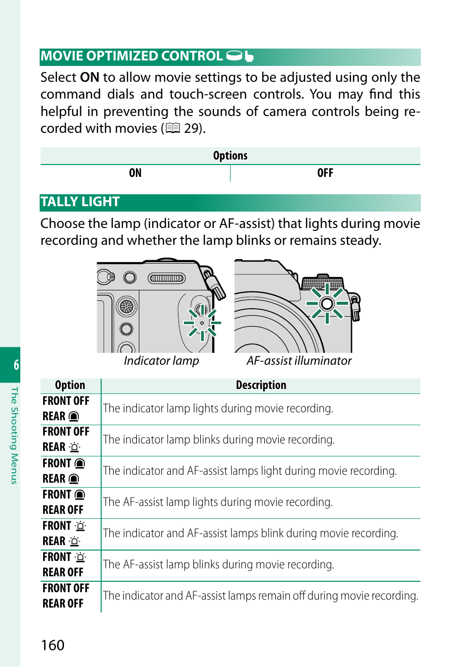 Movie o ptimized control, Tally light, Movie optimized control | FujiFilm GFX 50S II Medium Format Mirrorless Camera with 35-70mm Lens Kit User Manual | Page 184 / 360