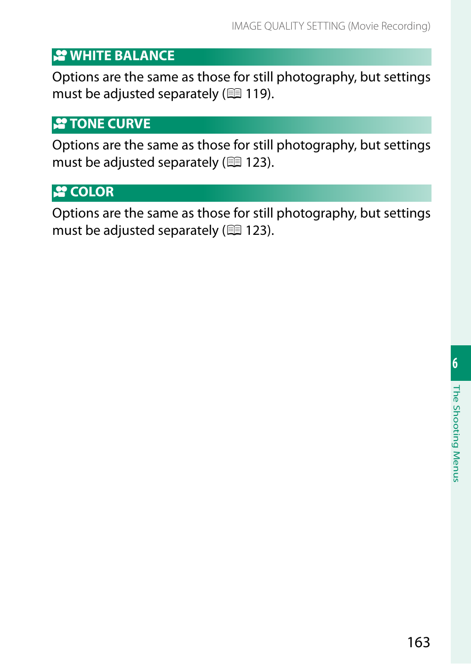 White balance, Tone curve, Color | FujiFilm GFX 50S II Medium Format Mirrorless Camera with 35-70mm Lens Kit User Manual | Page 187 / 360