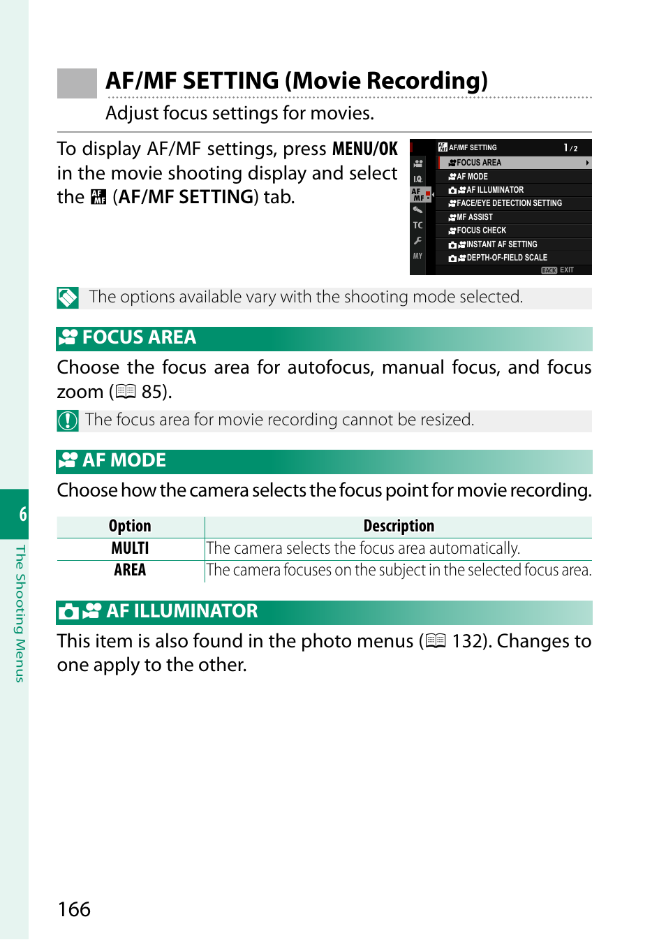 Af/mf setting (movie recording), Focus area, Af mode | Af illuminator | FujiFilm GFX 50S II Medium Format Mirrorless Camera with 35-70mm Lens Kit User Manual | Page 190 / 360