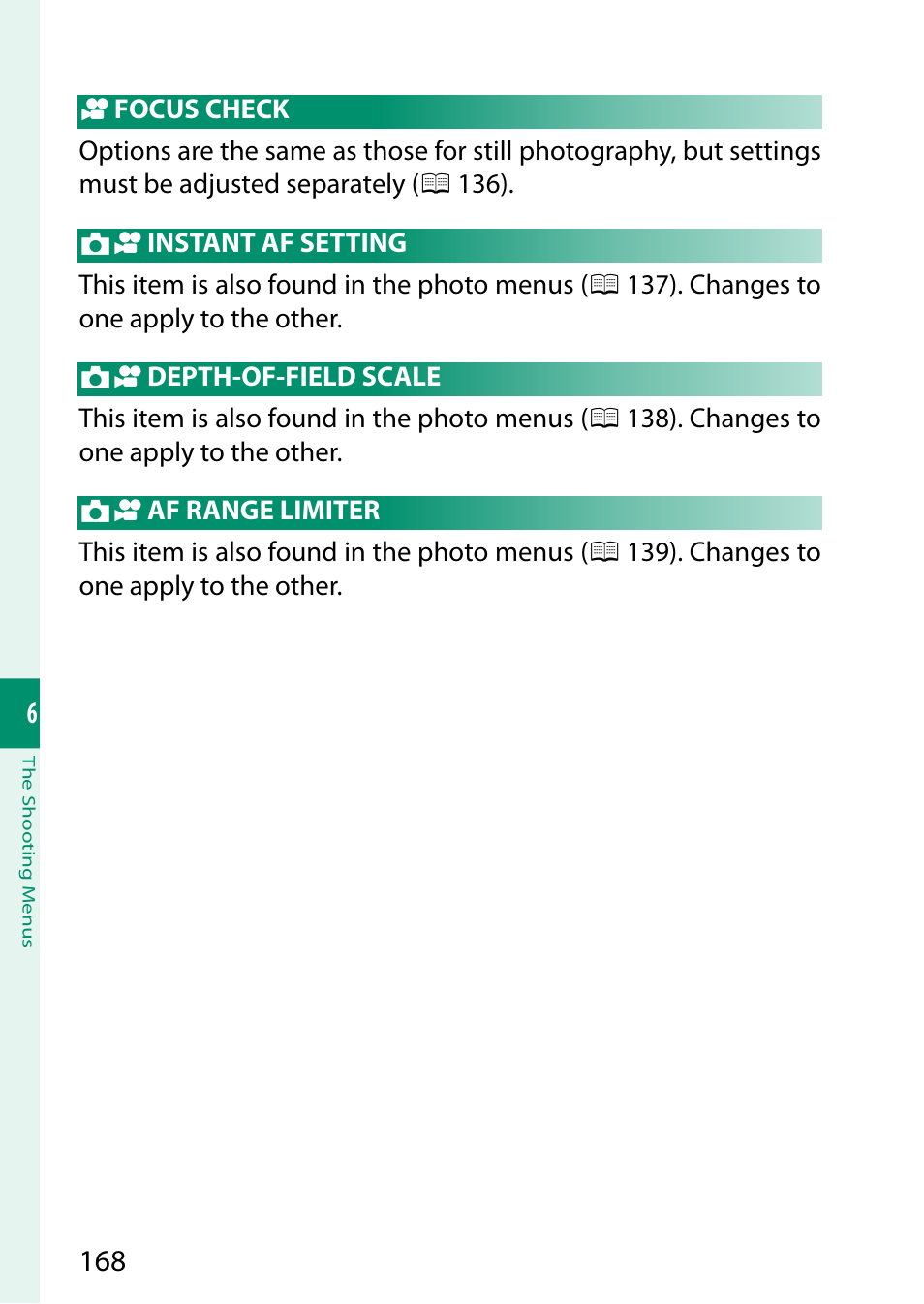 Focus check, Instant af setting, Depth-of-field scale | Af range limiter | FujiFilm GFX 50S II Medium Format Mirrorless Camera with 35-70mm Lens Kit User Manual | Page 192 / 360