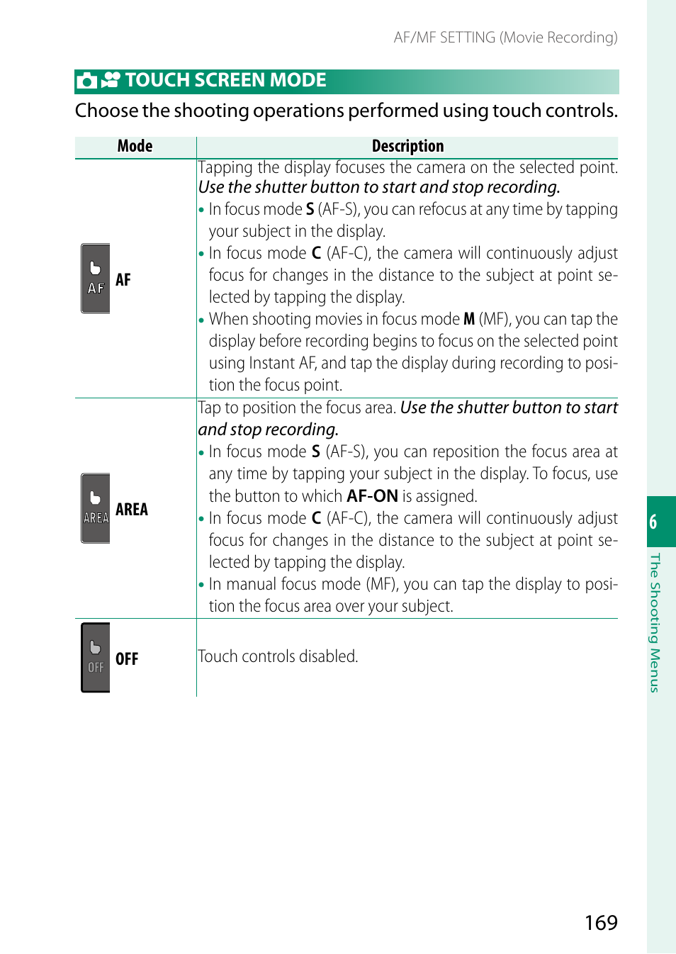 Touch screen mode | FujiFilm GFX 50S II Medium Format Mirrorless Camera with 35-70mm Lens Kit User Manual | Page 193 / 360