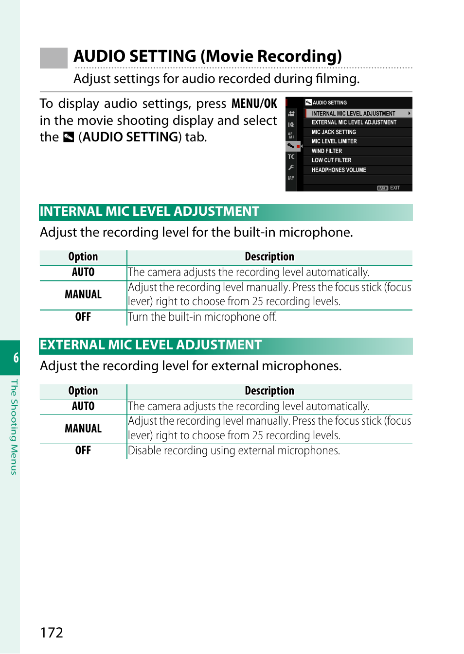 Audio setting (movie recording), Internal mic level adjustment, External mic level adjustment | FujiFilm GFX 50S II Medium Format Mirrorless Camera with 35-70mm Lens Kit User Manual | Page 196 / 360