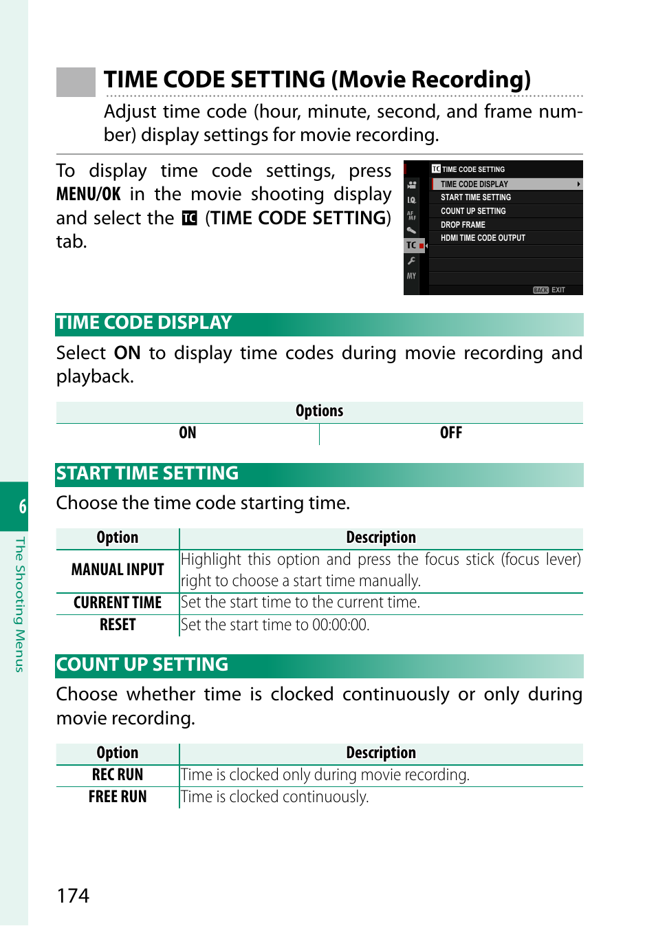 Time code setting (movie recording), Time code display, Start time setting | Count up setting | FujiFilm GFX 50S II Medium Format Mirrorless Camera with 35-70mm Lens Kit User Manual | Page 198 / 360