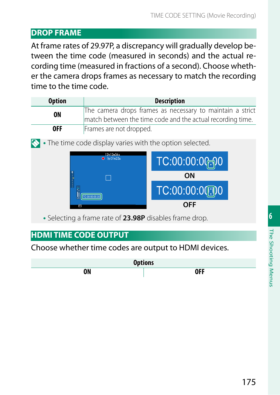Drop frame, Hdmi time code output, Drop frame hdmi time code output | FujiFilm GFX 50S II Medium Format Mirrorless Camera with 35-70mm Lens Kit User Manual | Page 199 / 360