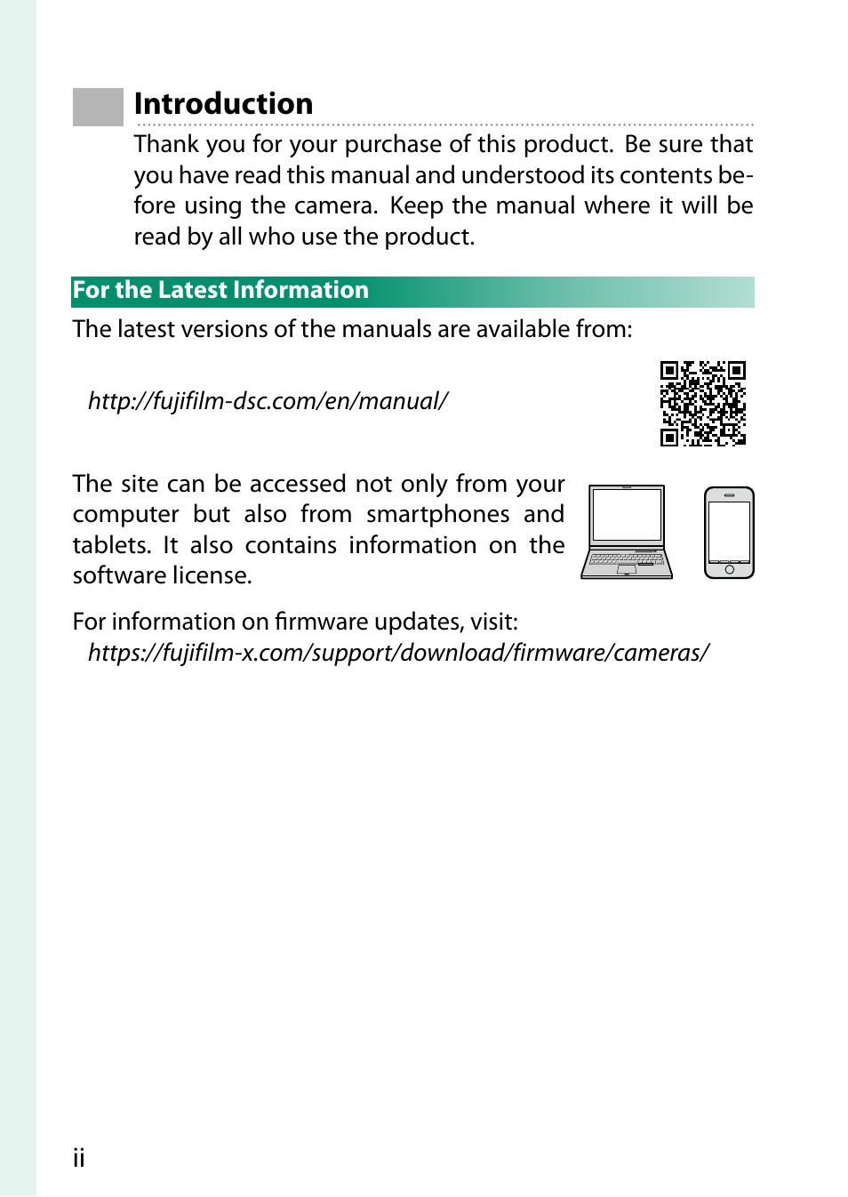 Introduction, For the latest information | FujiFilm GFX 50S II Medium Format Mirrorless Camera with 35-70mm Lens Kit User Manual | Page 2 / 360