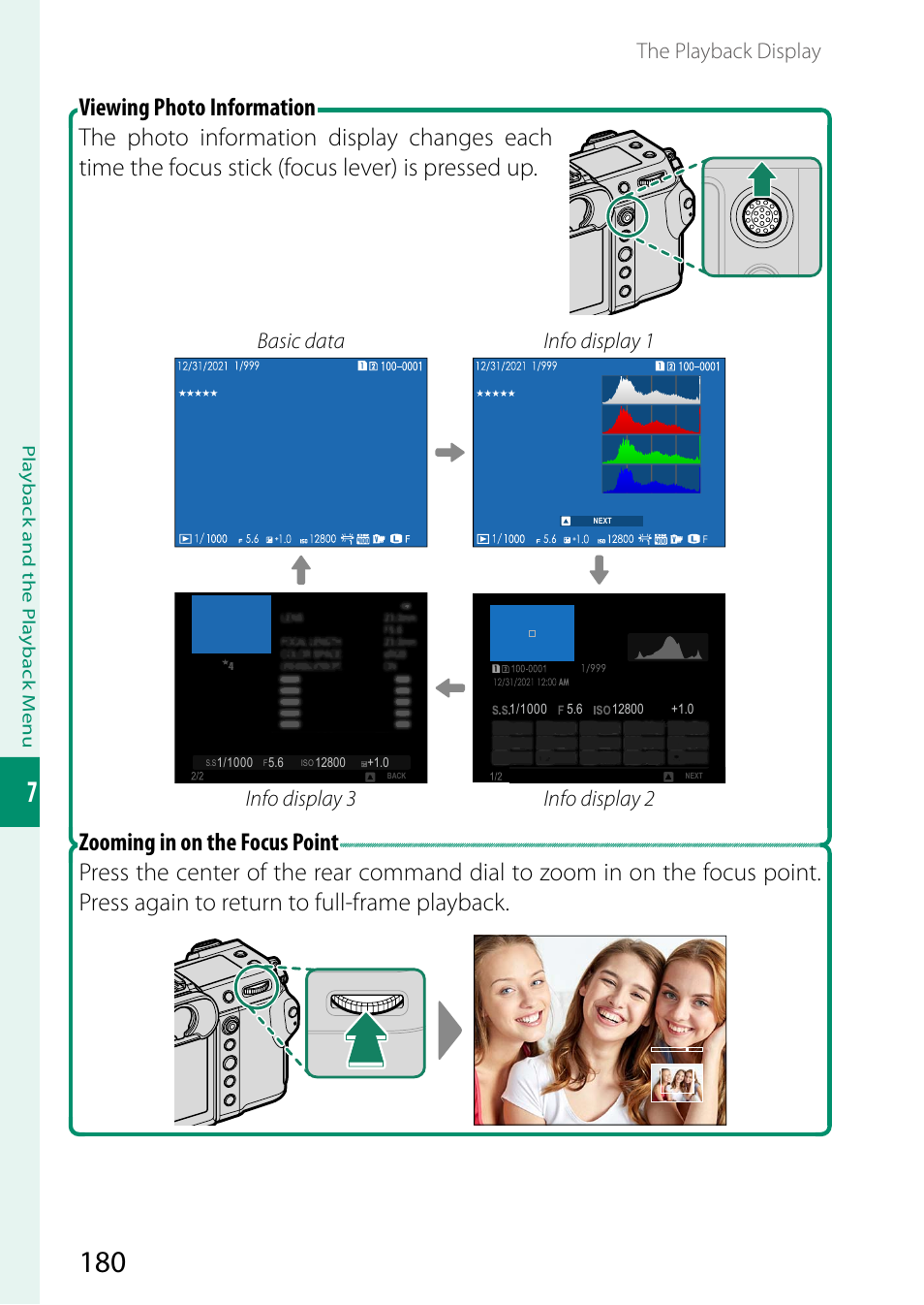 The playback display, Basic data info display 1, Info display 3 info display 2 | FujiFilm GFX 50S II Medium Format Mirrorless Camera with 35-70mm Lens Kit User Manual | Page 204 / 360