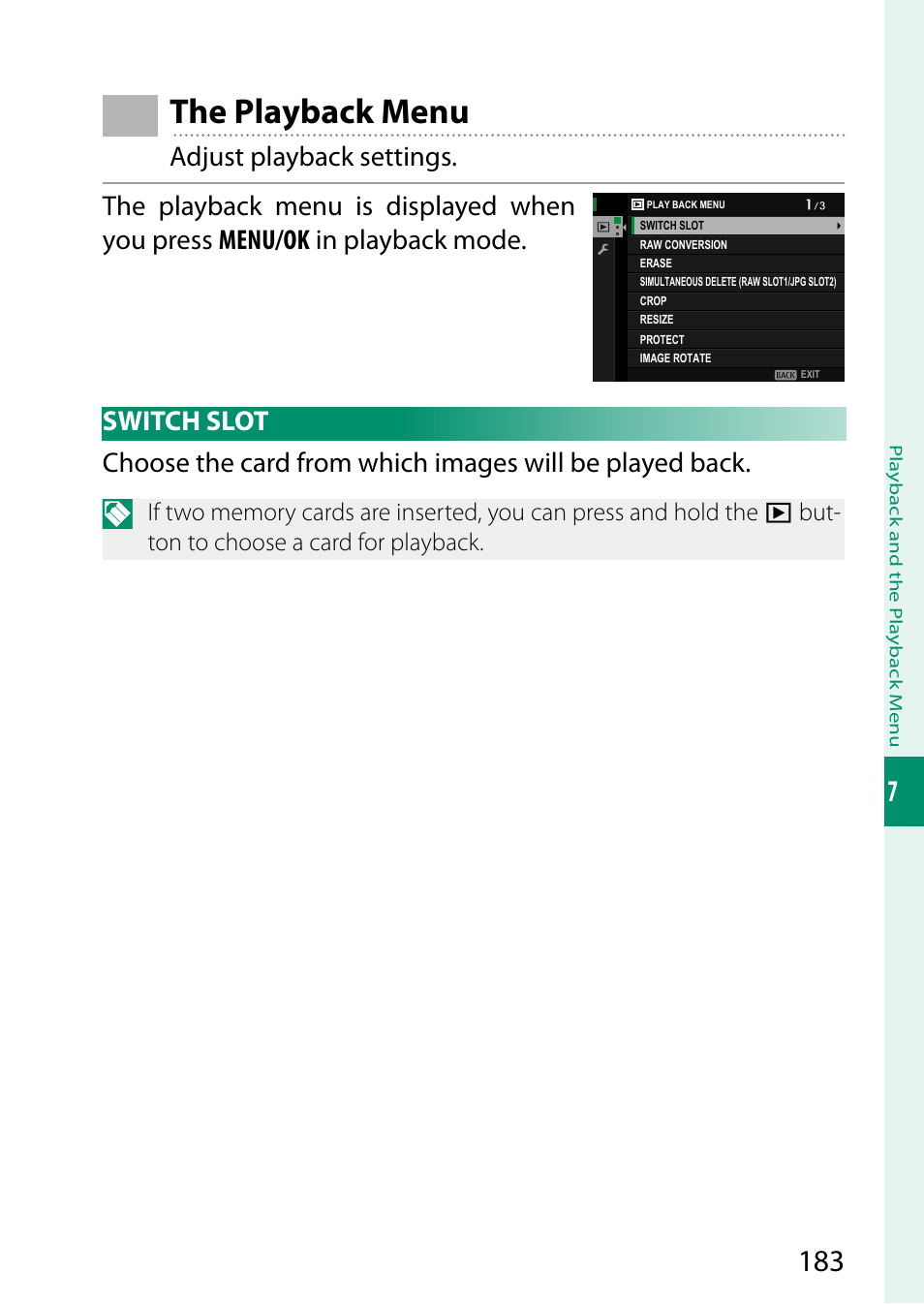 The playback menu, Switch slot | FujiFilm GFX 50S II Medium Format Mirrorless Camera with 35-70mm Lens Kit User Manual | Page 207 / 360