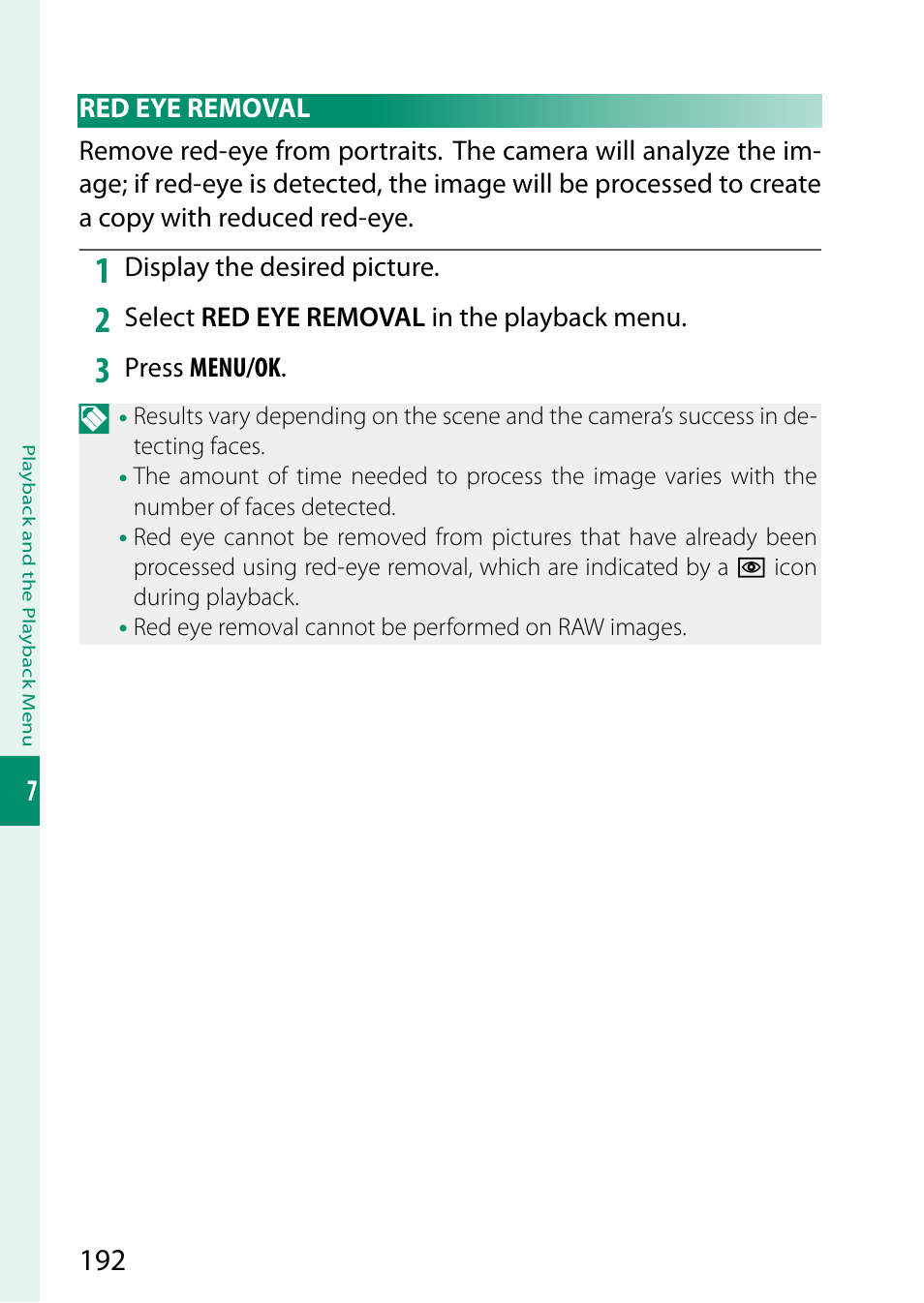 Red eye removal | FujiFilm GFX 50S II Medium Format Mirrorless Camera with 35-70mm Lens Kit User Manual | Page 216 / 360