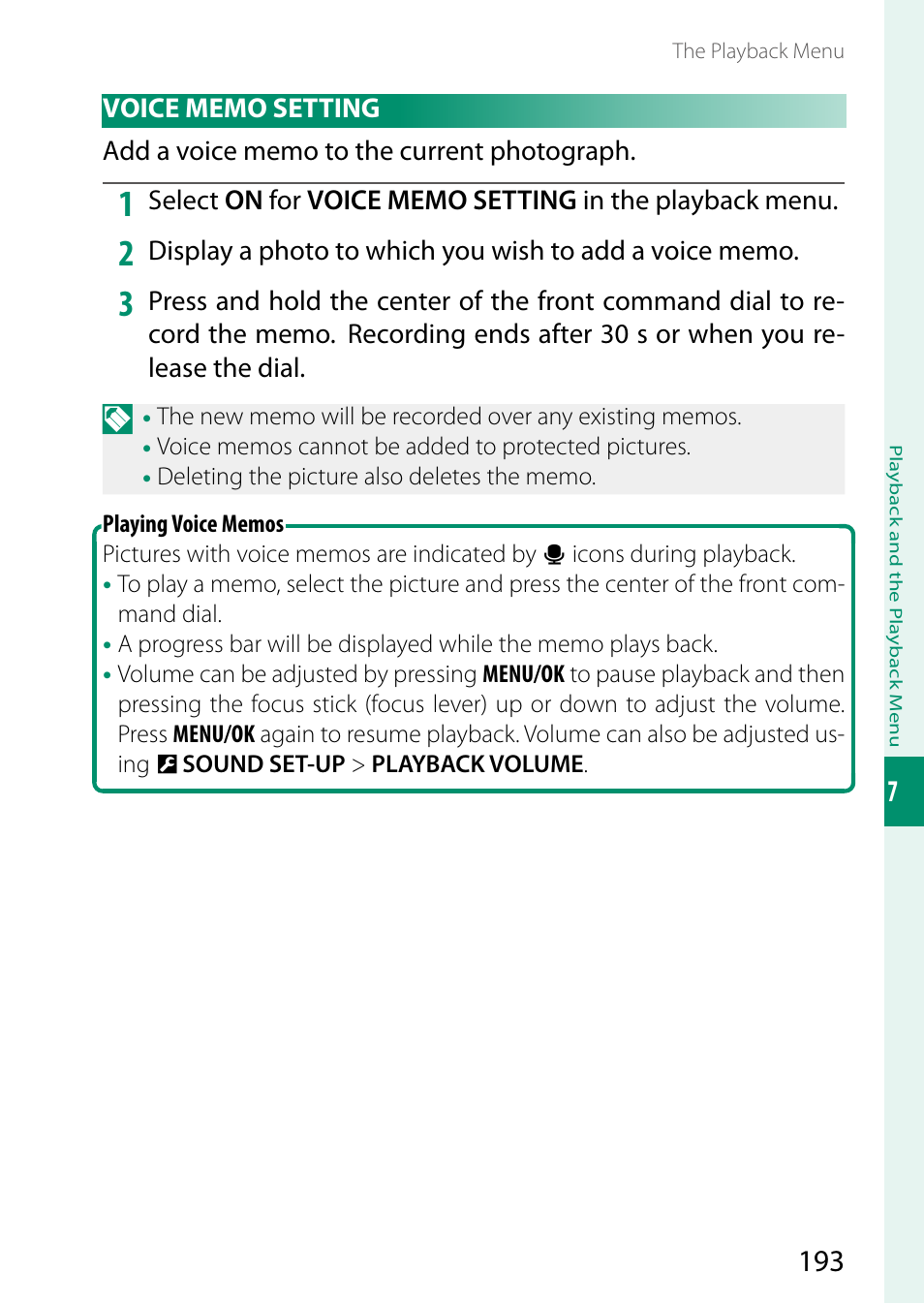 Voice memo setting | FujiFilm GFX 50S II Medium Format Mirrorless Camera with 35-70mm Lens Kit User Manual | Page 217 / 360