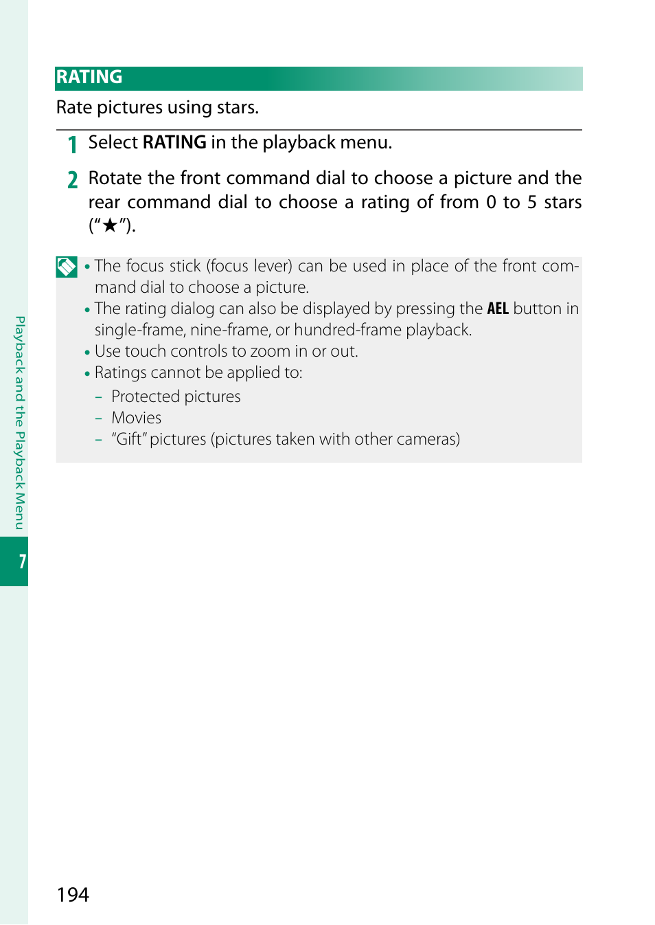 Rating | FujiFilm GFX 50S II Medium Format Mirrorless Camera with 35-70mm Lens Kit User Manual | Page 218 / 360