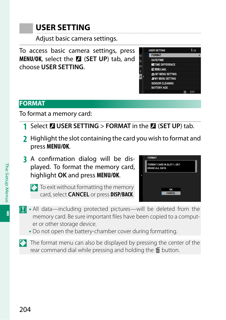 User setting, Format | FujiFilm GFX 50S II Medium Format Mirrorless Camera with 35-70mm Lens Kit User Manual | Page 228 / 360