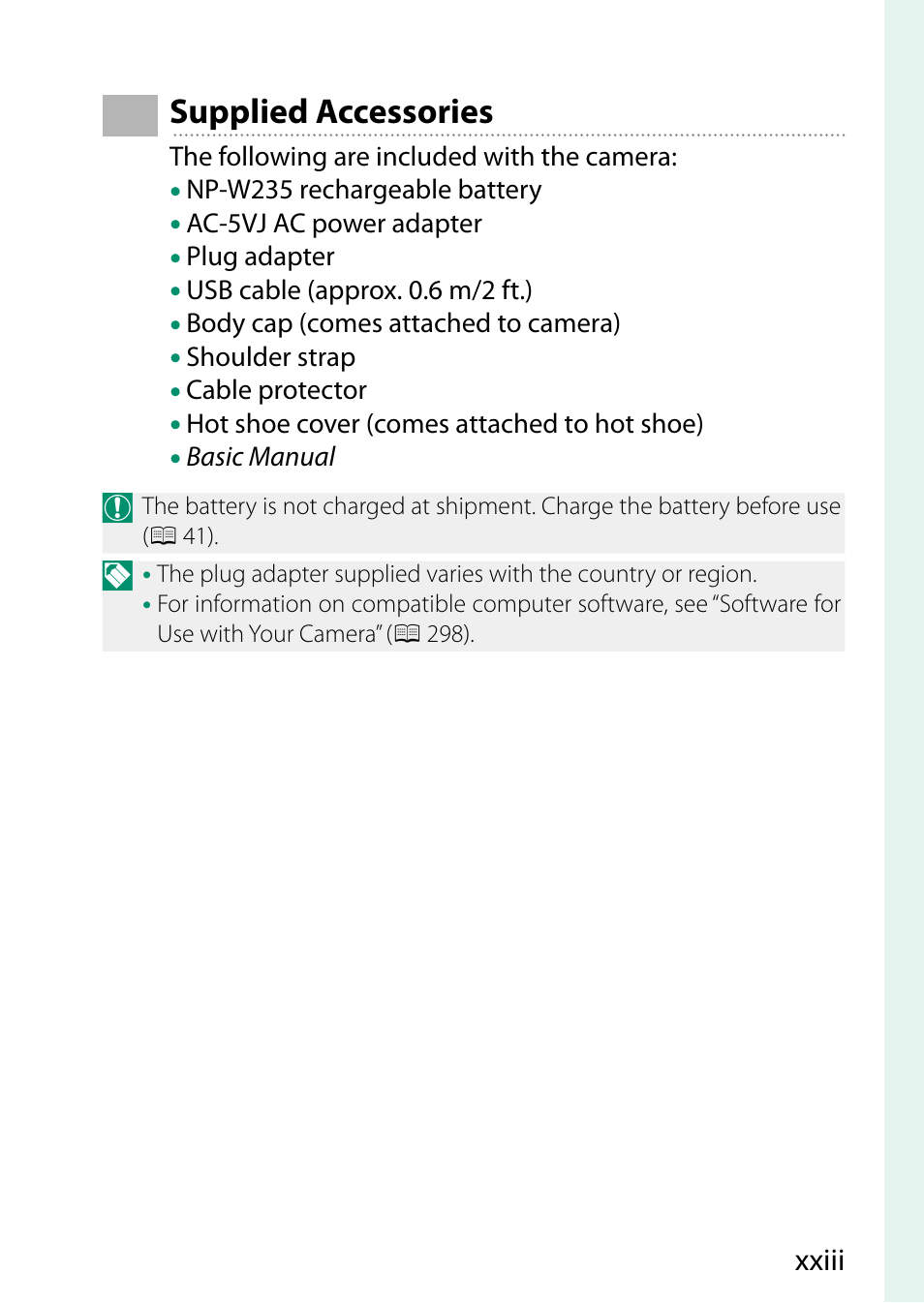 Supplied accessories | FujiFilm GFX 50S II Medium Format Mirrorless Camera with 35-70mm Lens Kit User Manual | Page 23 / 360