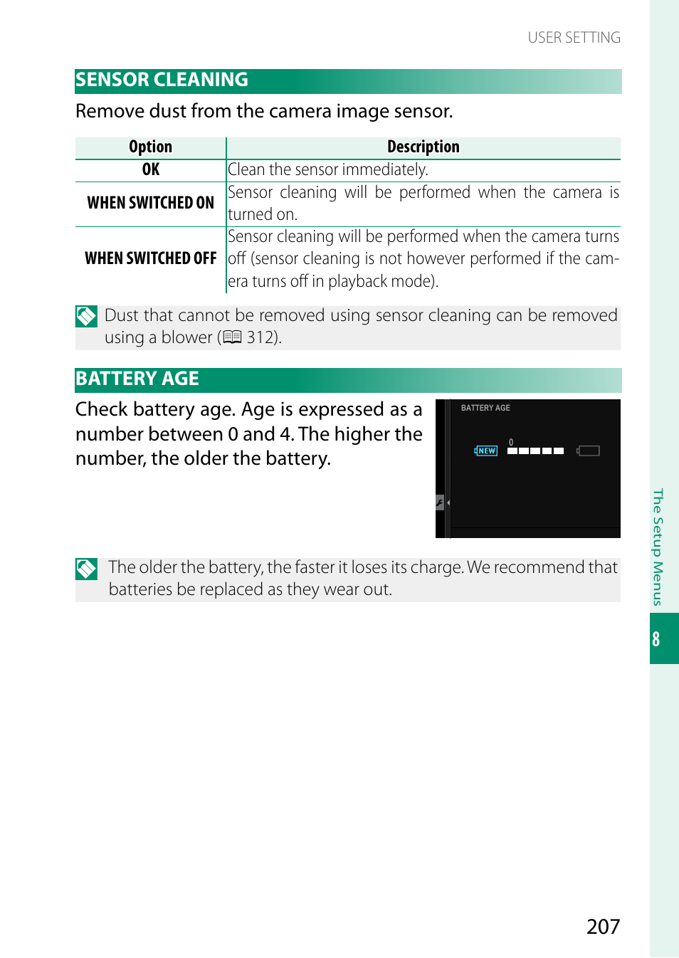 Sensor cleaning, Battery age, Sensor cleaning battery age | FujiFilm GFX 50S II Medium Format Mirrorless Camera with 35-70mm Lens Kit User Manual | Page 231 / 360