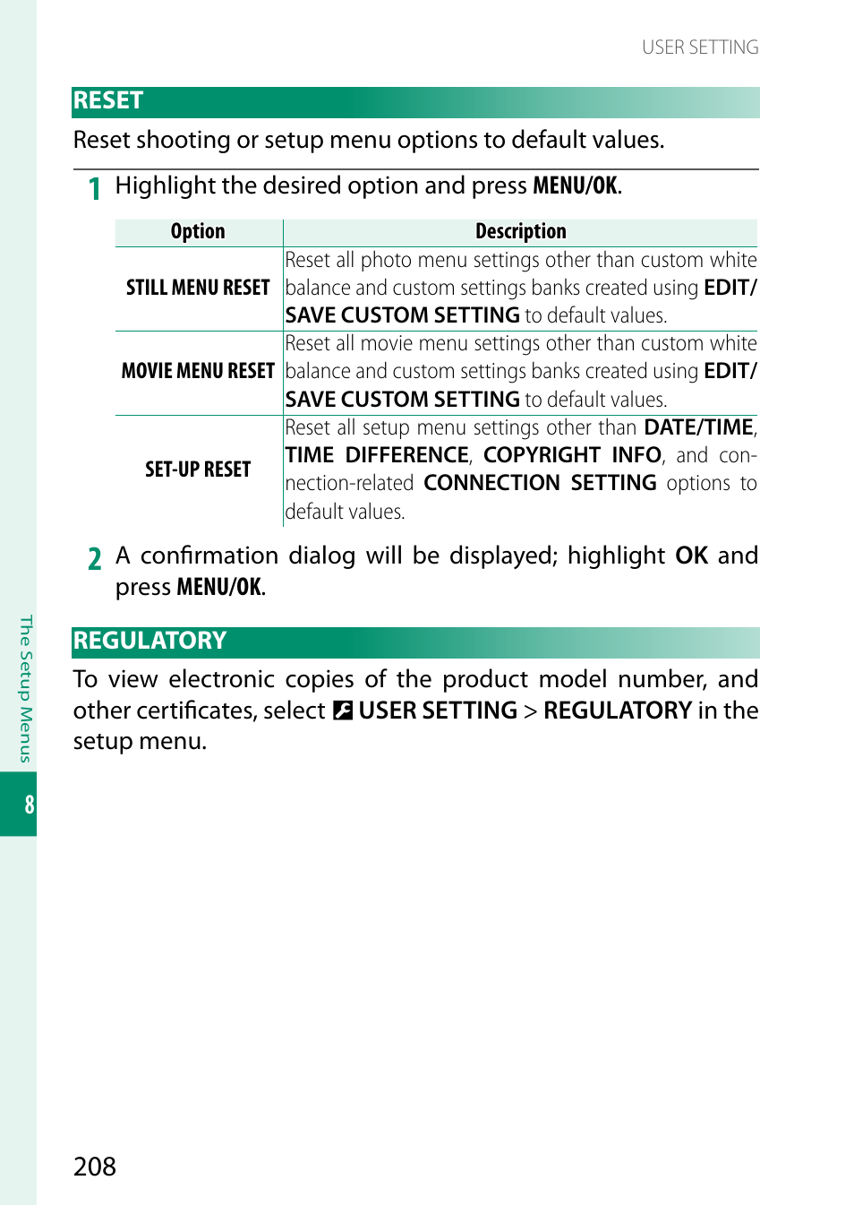 Reset, Regulatory, Reset regulatory | FujiFilm GFX 50S II Medium Format Mirrorless Camera with 35-70mm Lens Kit User Manual | Page 232 / 360