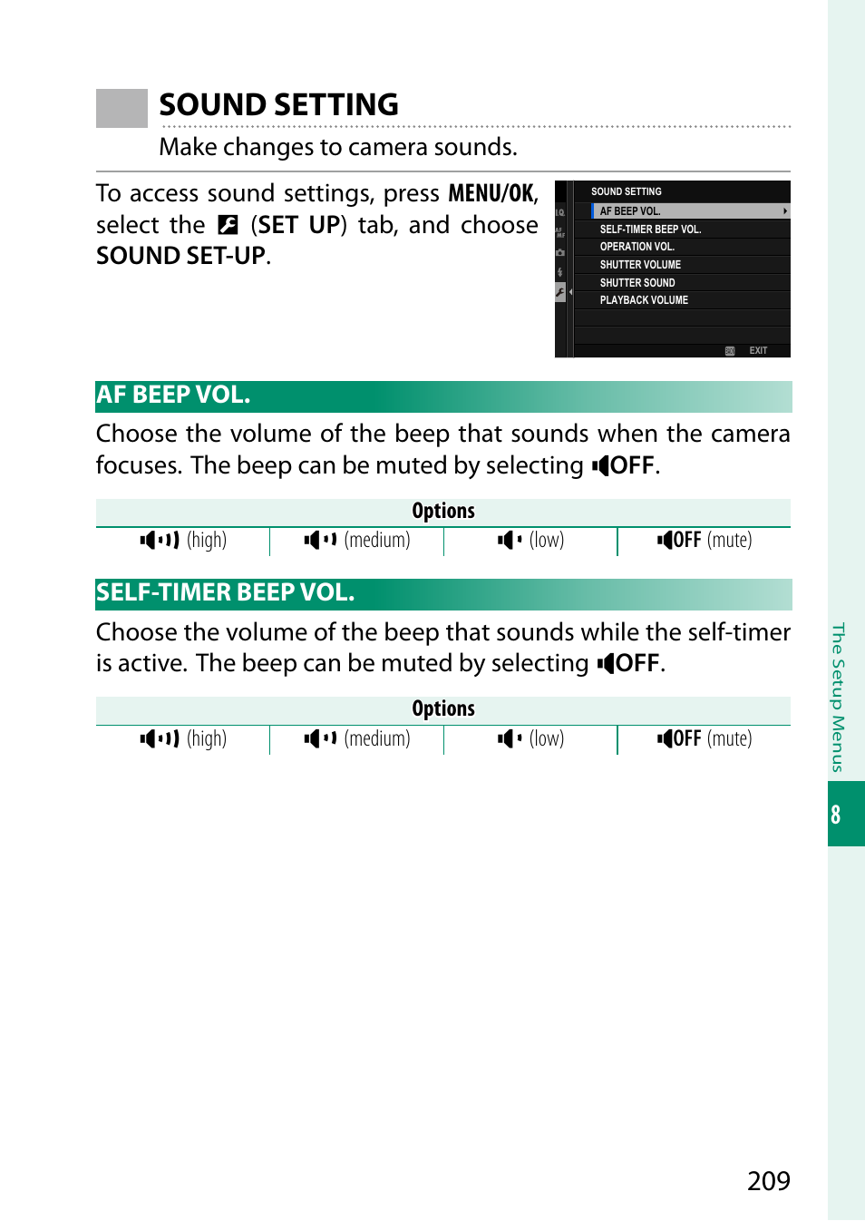 Sound setting, Af beep vol, Self-timer beep vol | Af beep vol self-timer beep vol | FujiFilm GFX 50S II Medium Format Mirrorless Camera with 35-70mm Lens Kit User Manual | Page 233 / 360