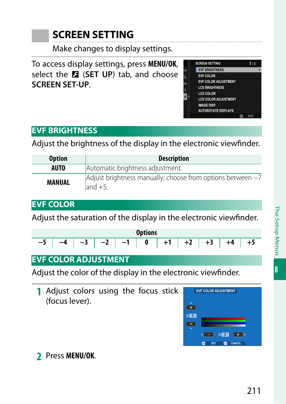 Screen setting, Evf brightness, Evf color | Evf color adjustment, Evf brightness evf color evf color adjustment | FujiFilm GFX 50S II Medium Format Mirrorless Camera with 35-70mm Lens Kit User Manual | Page 235 / 360