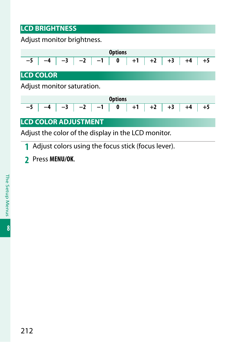 Lcd brightness, Lcd color, Lcd color adjustment | Lcd brightness lcd color lcd color adjustment | FujiFilm GFX 50S II Medium Format Mirrorless Camera with 35-70mm Lens Kit User Manual | Page 236 / 360