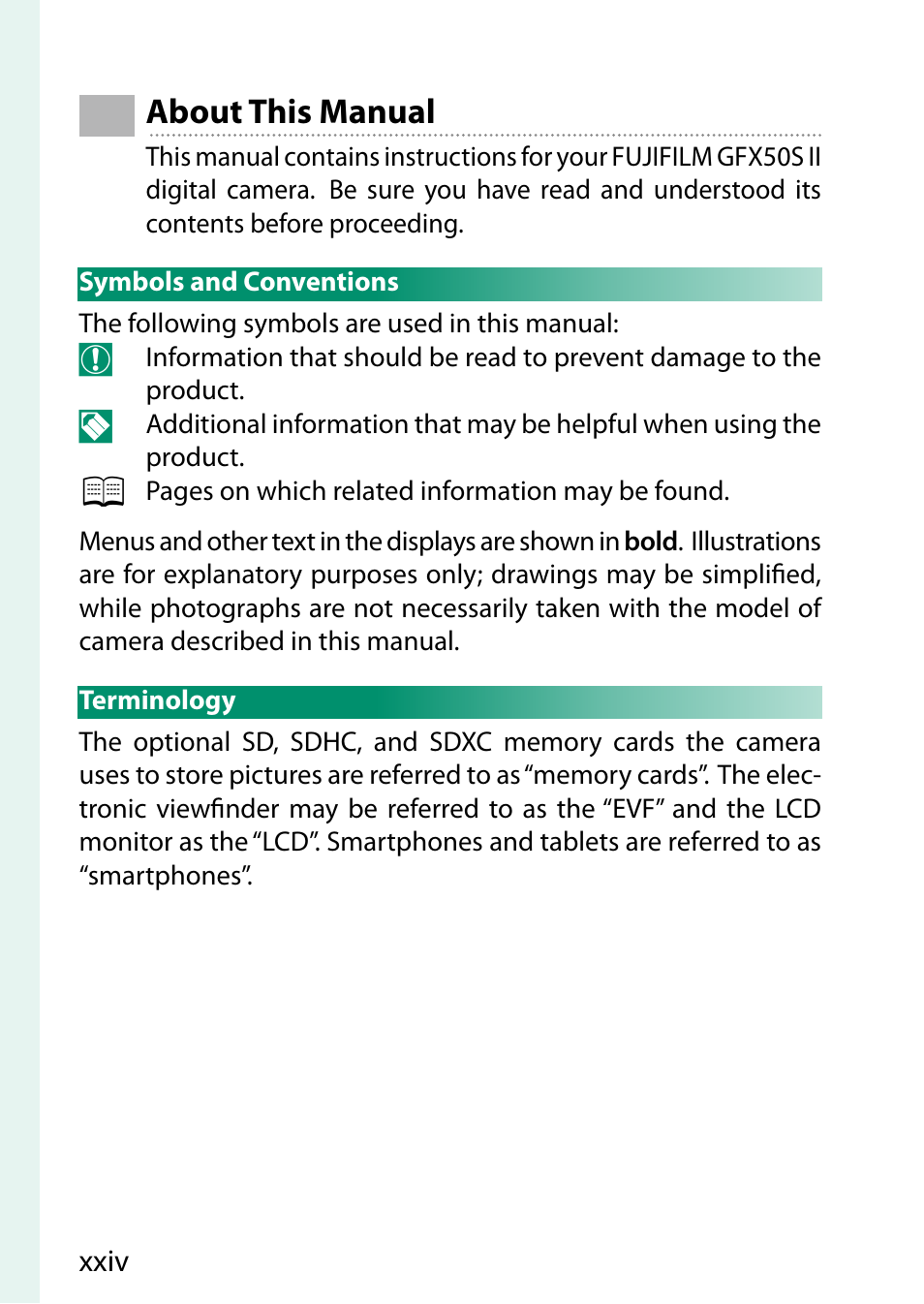 About this manual, Symbols and conventions, Terminology | FujiFilm GFX 50S II Medium Format Mirrorless Camera with 35-70mm Lens Kit User Manual | Page 24 / 360