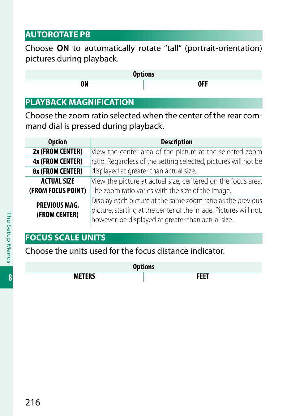 Autorotate pb, Playback magnification, Focus scale units | FujiFilm GFX 50S II Medium Format Mirrorless Camera with 35-70mm Lens Kit User Manual | Page 240 / 360