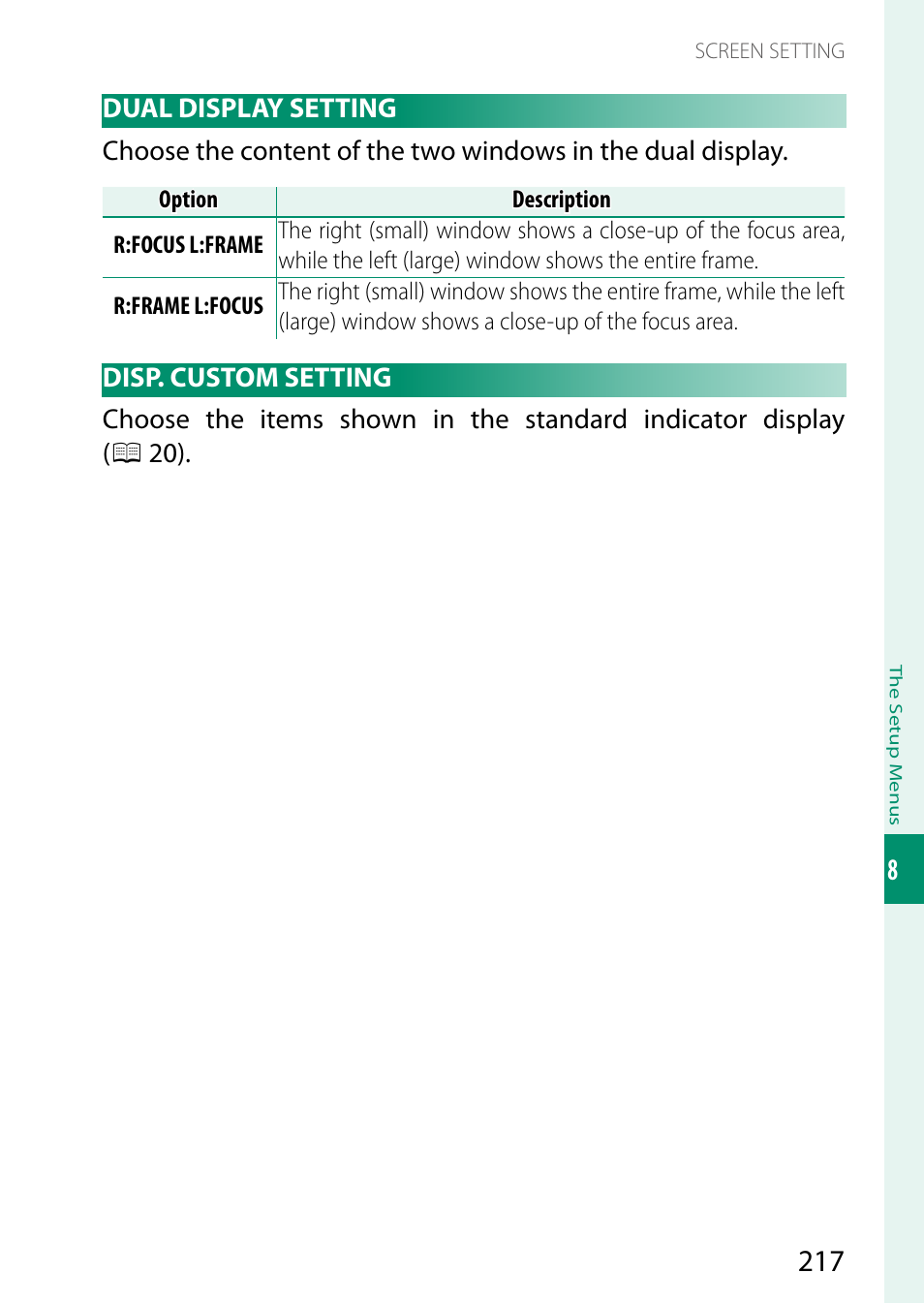 Dual display setting, Disp. custom setting | FujiFilm GFX 50S II Medium Format Mirrorless Camera with 35-70mm Lens Kit User Manual | Page 241 / 360